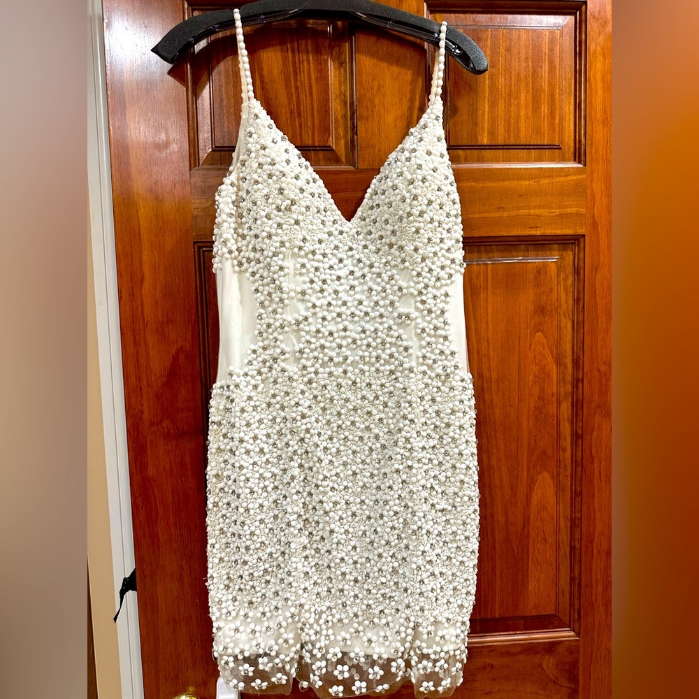 Jovani White Pearl-Embellished Midi Dress